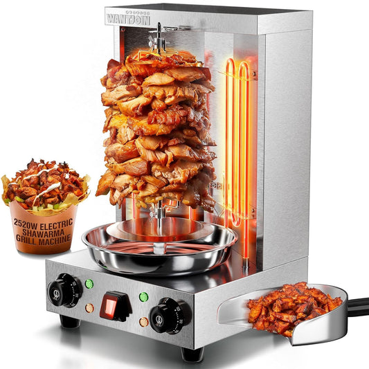 WantJoin Shawarma Grill Machine - 22 lbs Electric Vertical Rotisserie with 2 Burners and Shovel for Home, Stainless Steel Rotating Doner Kebab 122°F to 572°F Temp For Chicken, Beef, Gyro Meat, 2520W
