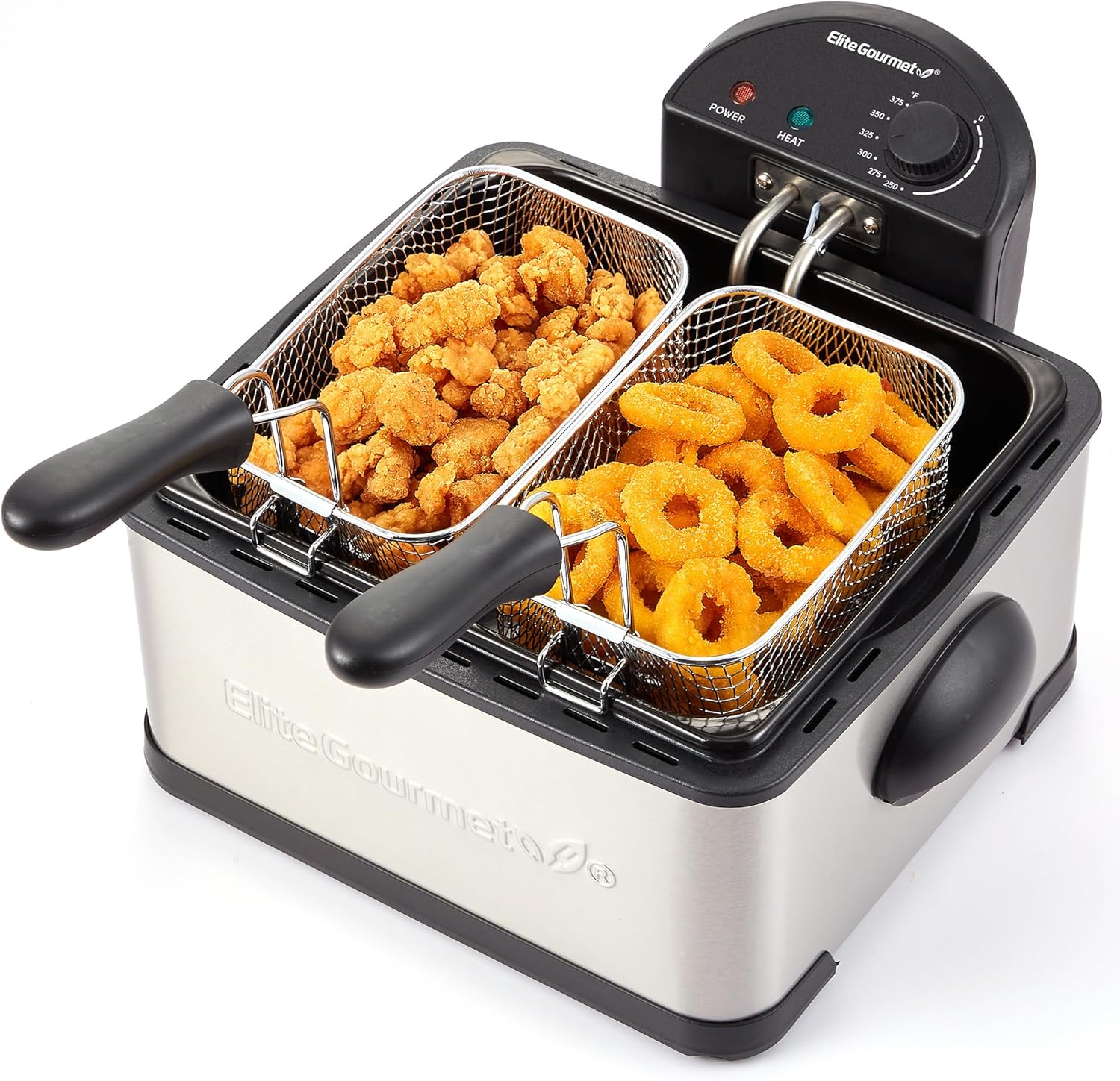 Elite Gourmet EDF434 Electric Deep Fryer 4.5 Quart Oil Capacity with Temperature Knob, 2 Baskets, Powerful 1700 Watts, Lid with Anti-Odor Filter & Viewing Window, Stainless Steel