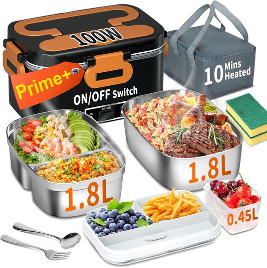 IFENROL Electric Heated Lunch Box for Adults, 100W 3-IN-1 2 Pack 1.8L Containers Heating Lunch Box for Men Portable Double Layer, Fast Heated Food Warmer,12V\/24V\/110V for Car Truck Office Home