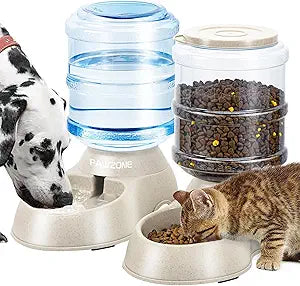 2 Pack Automatic Cat Feeder and Water Dispenser in Set Pet Food Bowl for Small Medium Dog Pets Puppy Kitten Big Capacity 1 Gallon x 2 (Cream)