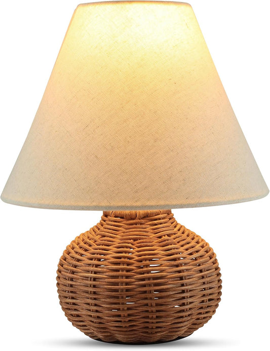 11" Small Mini Wicker Table Lamp, Dimmable Rattan Bamboo Lamp with Off-White Fabric Shade, Boho Accent Light for Nightstand, Nursery, Small Spaces, Kitchen Counter, Bookshelf