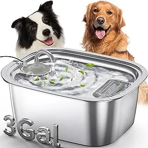 3 Gal Stainless Steel Dog Water Fountain for Large Dog, Pet Fountain Water Bowl Automatic Dispenser with Top Window & LED, Supet Quiet Pump for Multi Pet Home