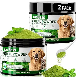2 Pack Dog Dental Powder,Dog Teeth Cleaning Powder and Cat Breath Freshener, Reduces Plaque & Bad Breath Off,Natural Herbal Blend of All Breeds -150 Grams
