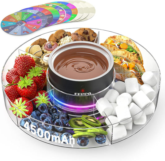 FEPPO Cordless Electric Fondue Pot Set with Mood Light, 2*4500mAh Rechargeable Battery Powered, 7 Game Cards & Detachable Taco Serving Tray, Melted Chocolate Cheese for Outdoor Indoor Parties Camping