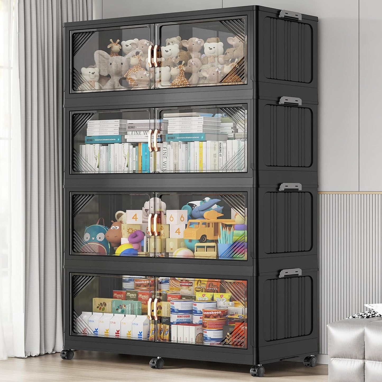 220Gal Plastic Stackable Storage Bins with Lid, 880QT Extra Large Closet Organizers Collapsible Cabinets Boxes With Drawers, Foldable Containers with 6x Wheels for Home Kitchen, V60 4Pack Black