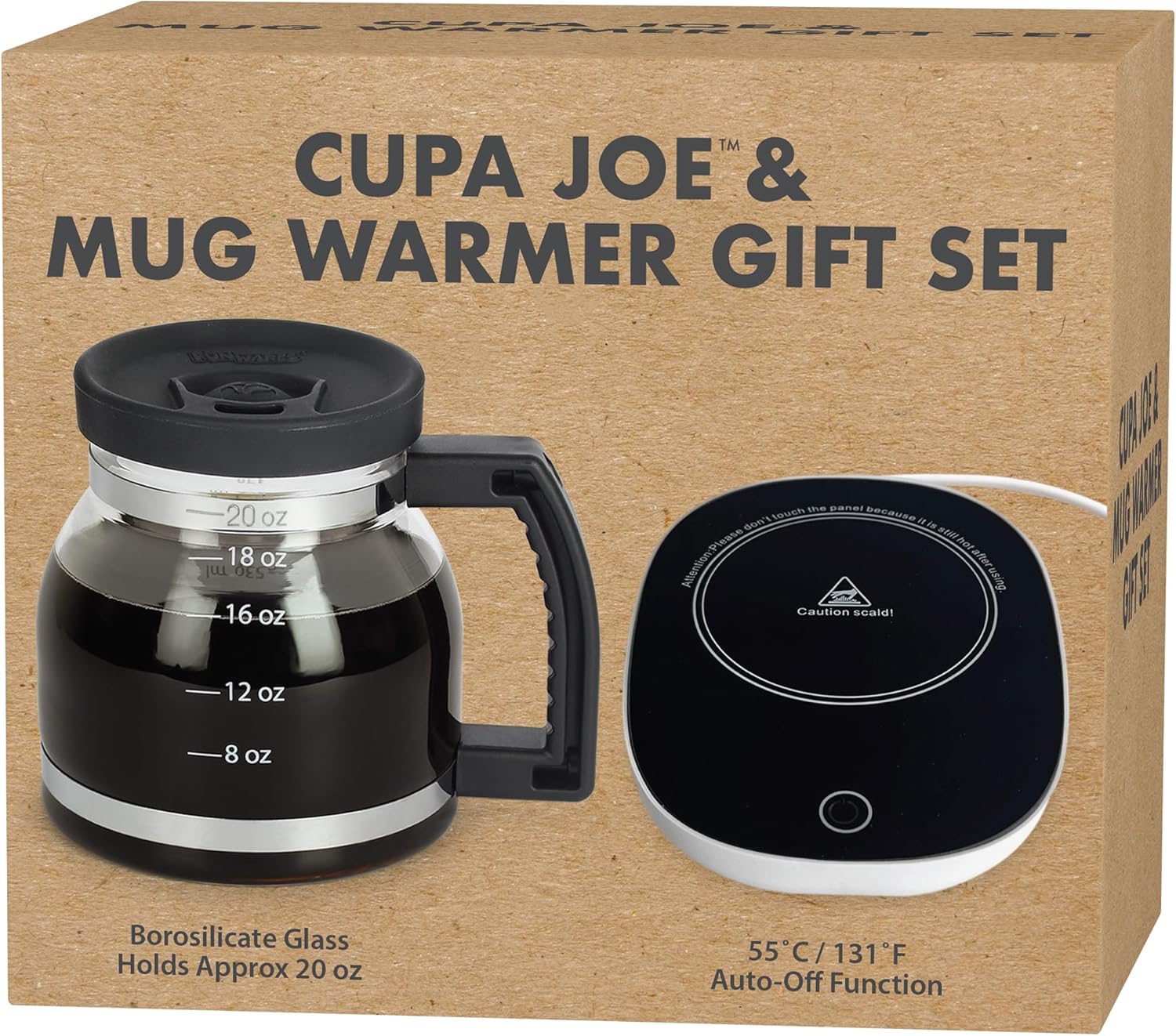 Electric Mug Warmer + Cupa Joe 20oz Diner-Style Mug Gift Set \u2013 Borosilicate Glass with Spill-Proof Lid \u2013 Unique Coffee Cup for Home, Coworkers, or Desk Use