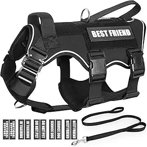 Tactical Service Dog Vest and Leash Set,Heavy Duty Harness with Metal Buckles for Medium Sized Dogs,Adjustable No Pull Pet Vest with Patches for Training Working,Black M