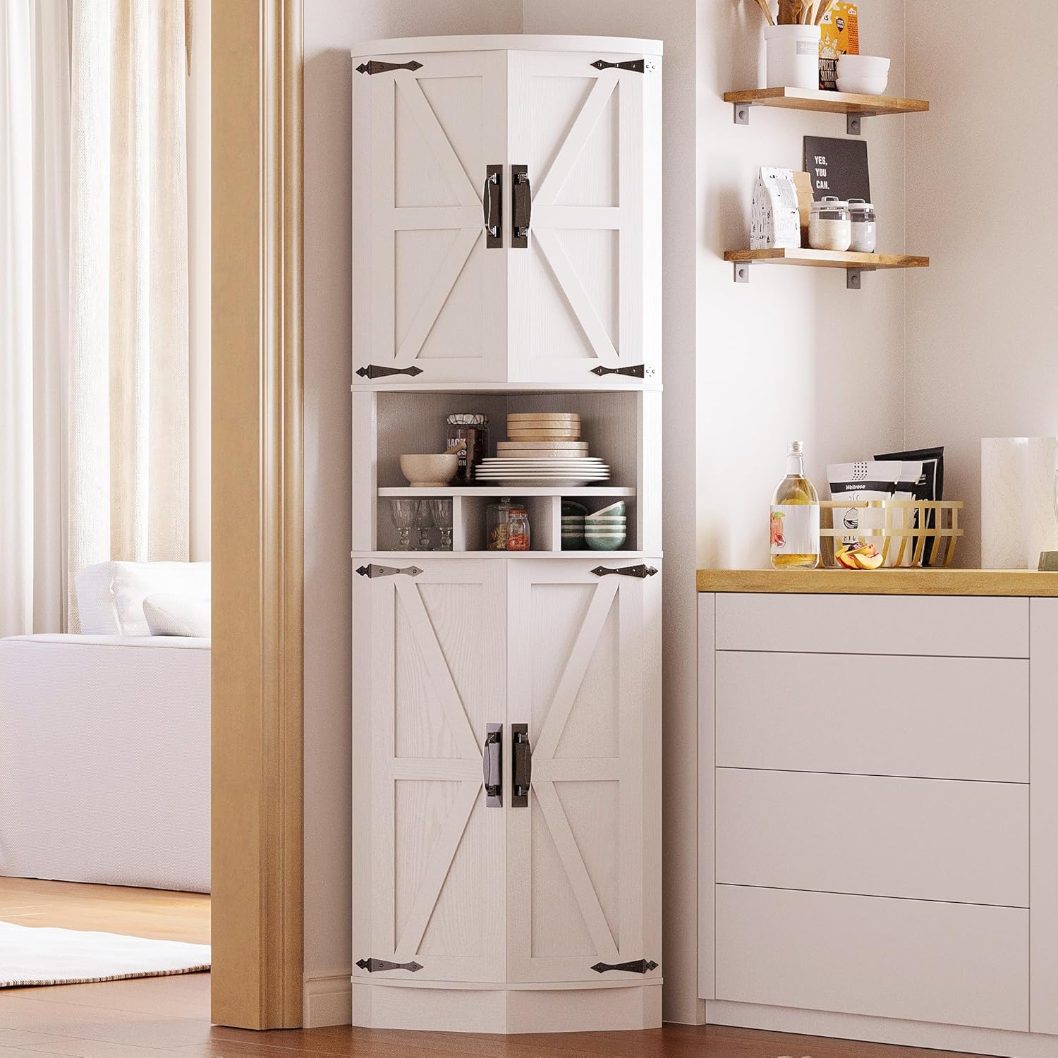 IRONCK Tall Corner Cabinet with 3 Wine Racks, Farmhouse Storage Cabinet with 4 Doors and Adjustable Shelves, Barn Door Design, Corner Bar Cabinet for Living Room, Kitchen, Laundry Room White