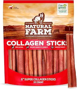 Natural Farm Odor-Free Super Collagen Dog Chews (6-Inch, 20-Pack) The First Ever Real Bull Sticks Alternative: 100% Natural Angus Hide Collagen Treats - More Protein, More Chew Time for All Dogs