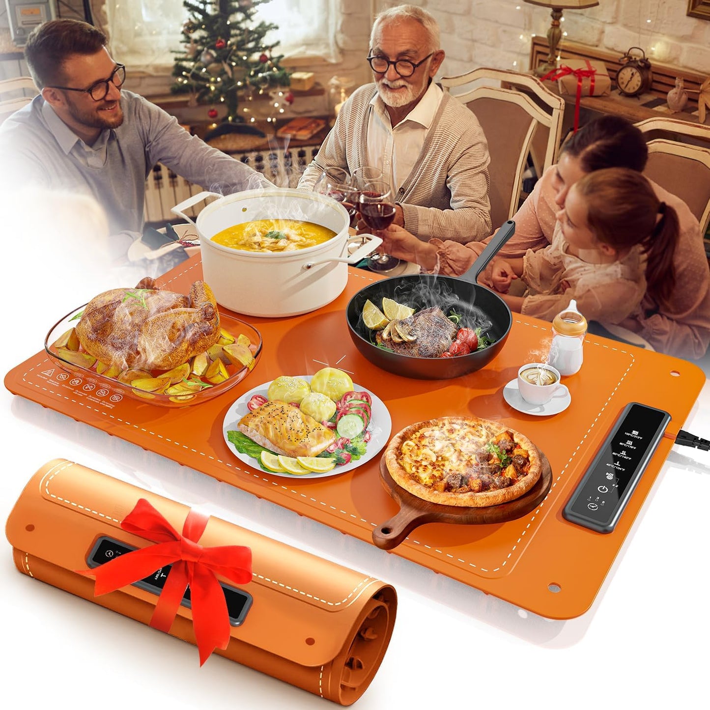 Food Warming Mat for Buffet,Electric Warming Tray with 4 Temperatures Setings and 1\/3\/5h Timer,Full Surface Heating Food Warmers for Parties Buffets Holidays Daily Use to Keep Food Warm(Orange)