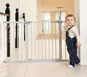 29"-57" Baby and Pet Safety Gate, 30" Tall Metal Walk-Thru Gate for Doorways & Stairs, Easy One-Hand Open, Dual Lock, Extensions & Wall Mounts Included (Gray, 29" x 57" x 30â€œ )