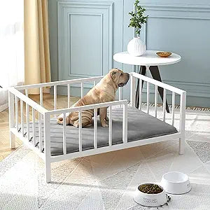 Dog Bed with Rails - Elevated Pet Metal Bed Frame with Solid Wood Board and Washable Soft Mat for Medium Dog Indoor or Outdoor Use, 25.2" x 37.8", White