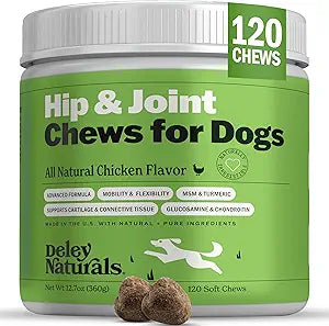 Deley Naturals Hip and Joint Supplement for Dogs - Glucosamine for Dogs with MSM, Chondroitin and Collagen Supplements - Joint Support for Mobility, Flexibility and Comfort - 120 Chicken Flavor Chews