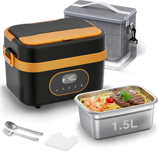 POERUNI.Heated Lunch Box for Adult,Electric Lunch Box for Man,16000mAh Battery &1.5-Liter Container.Wireless Heating is Suitable for Travel,Office.Includes Cutlery,Insulated Bag and Removable Divider
