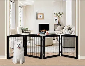 LZRS 4-Panel Extra-Wide Wooden Freestanding Dog Gate: Foldable Solid Wood and Steel Wire Chew Resistant Safety Barrier for Doorways, Stairs, and Large Open Spaces Indoor Use, Black