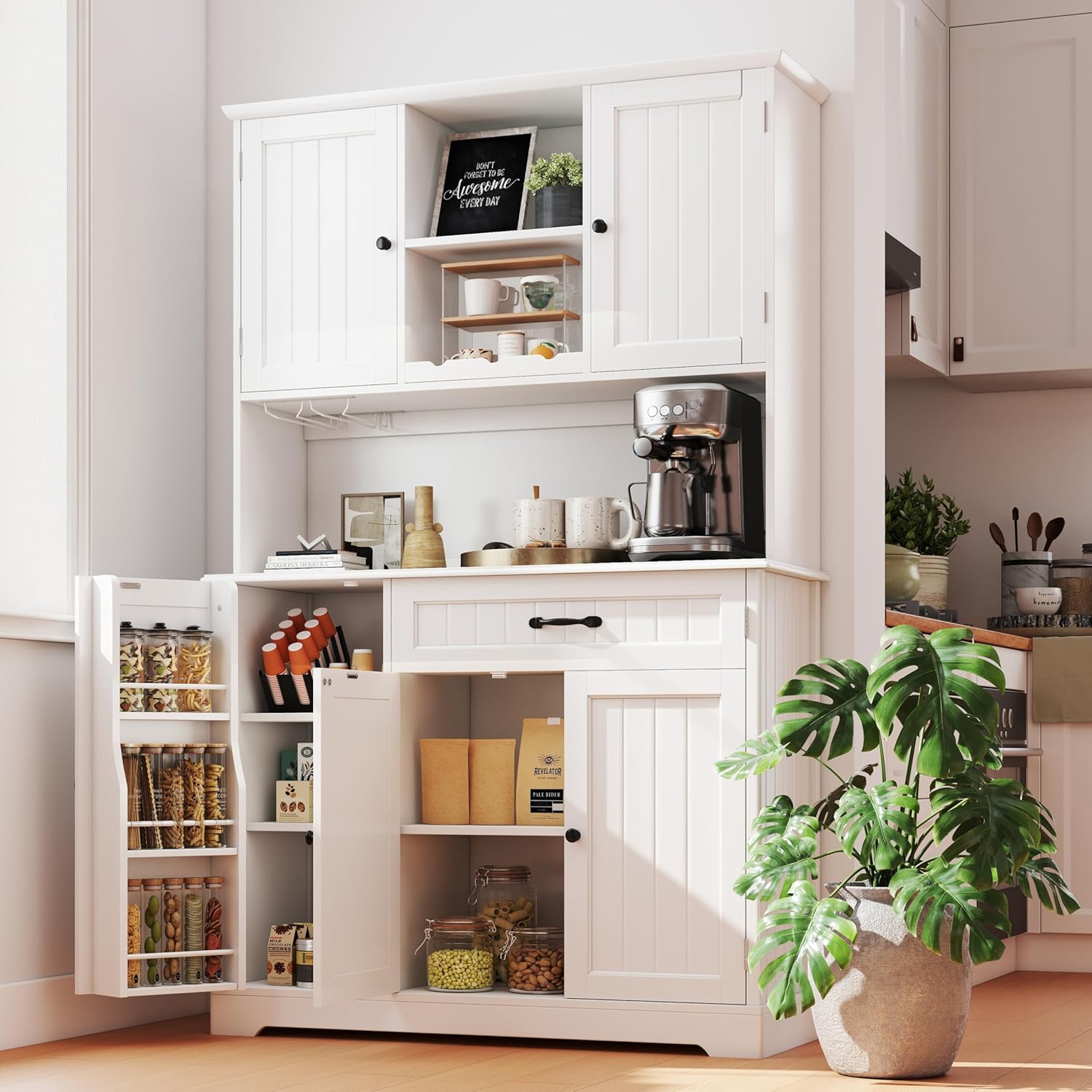 Gizoon Kitchen Pantry Cabinet with Countertop Kitchen Hutch Storage Cabinet 67.7" Tall Pantry Coffee Bar with Storage for Dining Room and Craft Room, White