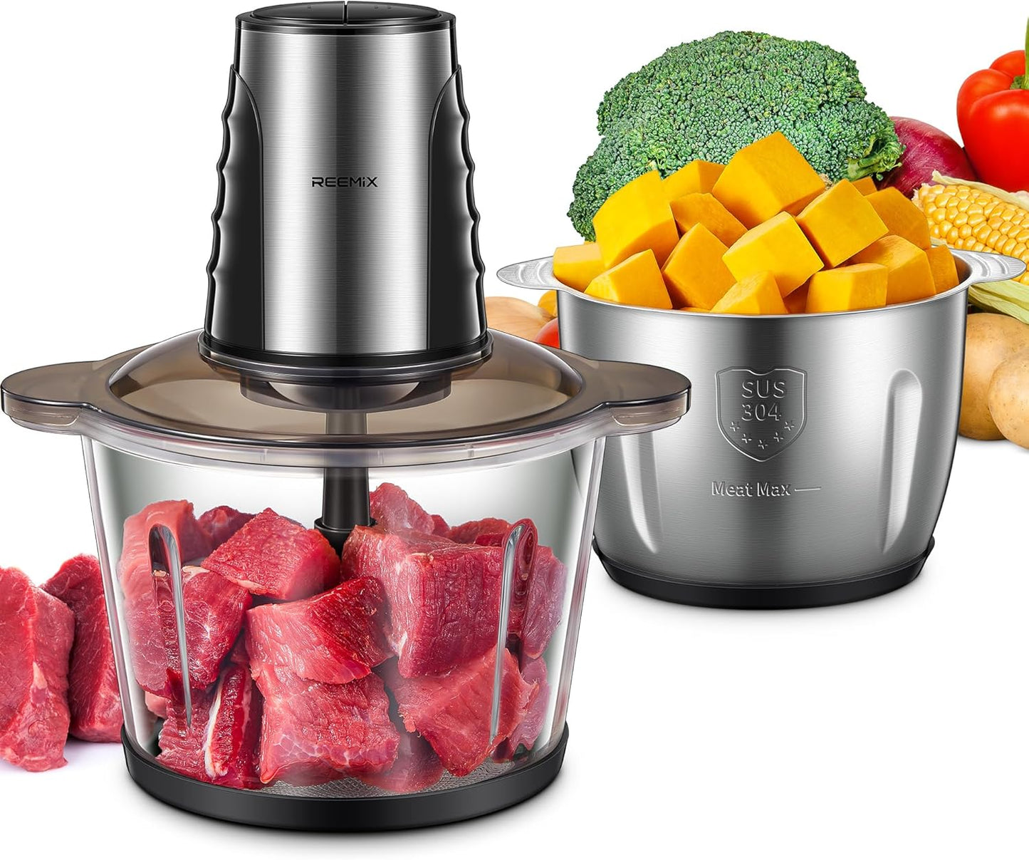 Food Processors with 2 Large Bowls(12 Cup+12 Cup), Reemix Electric Chopper with Powerful 500W Copper Motor, 4 Bi-Level Blades for Fruits, Meat, Vegetables, Baby Food, Nuts, 2 Speeds