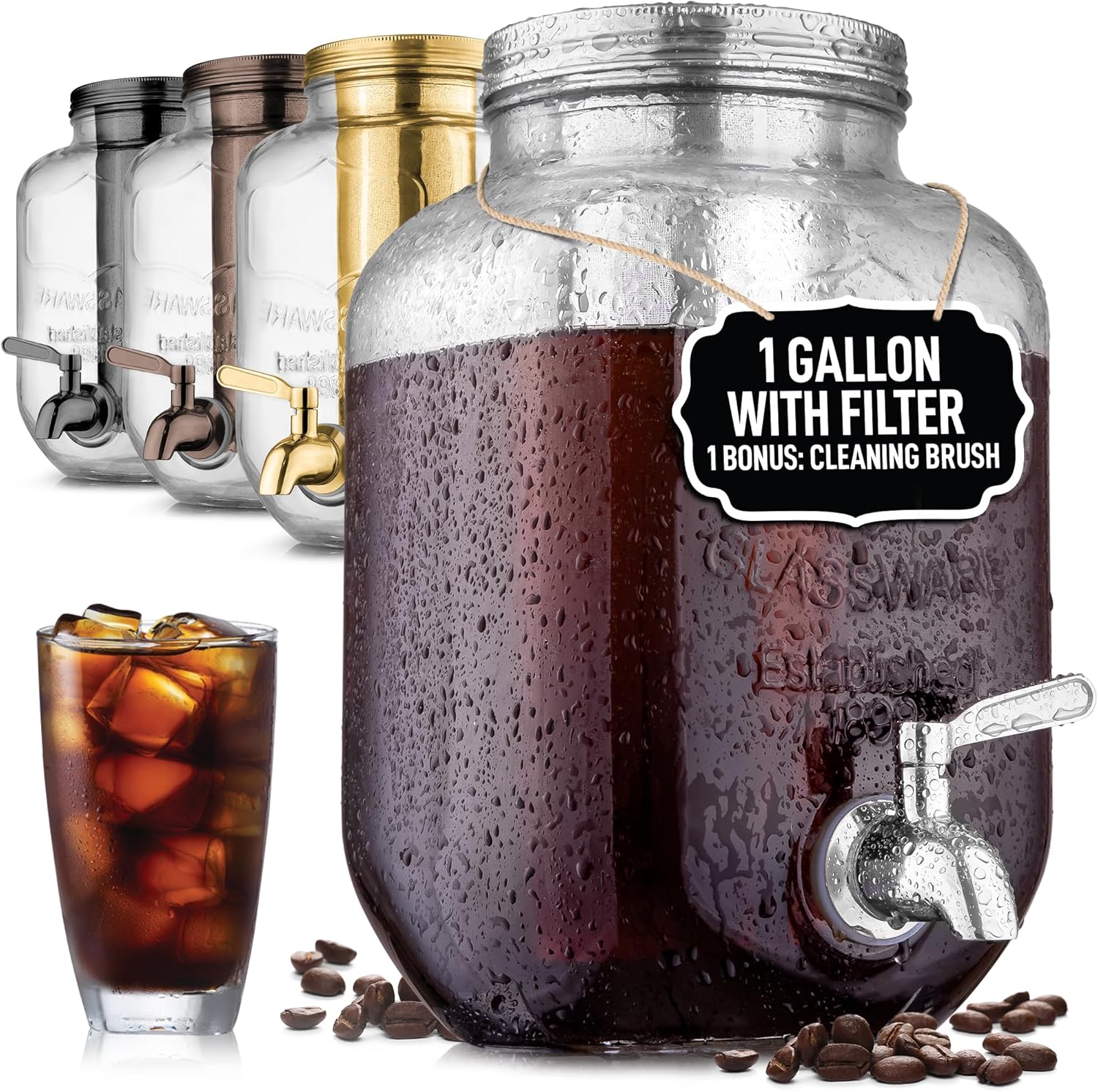 Zulay Kitchen 1 Gallon Cold Brew Coffee Maker \u2013 Thick Glass Pitcher with Stainless Steel Filter, Lid & Spout \u2013 Large Mason Jar Container Dispenser - Iced Coffee & Sun Tea Brewer for Fridge \u2013 Silver