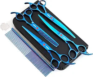 7.0in Titanium Professional Pet Grooming Scissors Set, GEMEK 6 in 1 Straight & Thinning & Upwards Curved & Downwards Curved Scissors & Comb for Dogs, Cats (Blue)