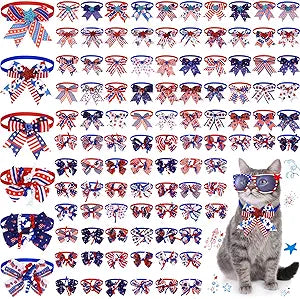 100 Pcs Halloween Dog Bow Tie Collar Bulk Pet Bow Tie Adjustable Dog Bowties Neckties Collars for Small Medium Pet Supply(4th of July)