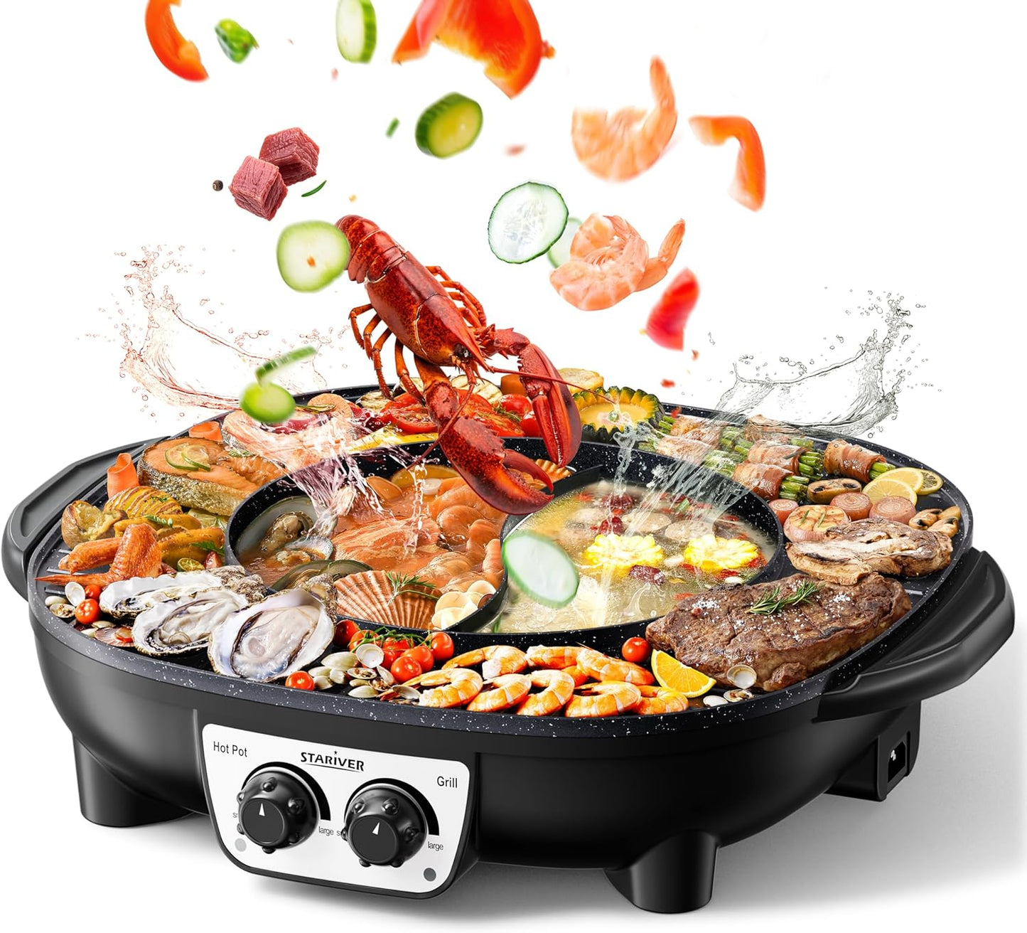 Stariver Hot Pot Electric with Grill 2 in 1, Indoor Korean BBQ & Shabu Shabu, Features Easy-clean Non-stick Coating, Dual Controls, 1800W Fast Heating, Perfect for Family Gatherings or Friends Parties
