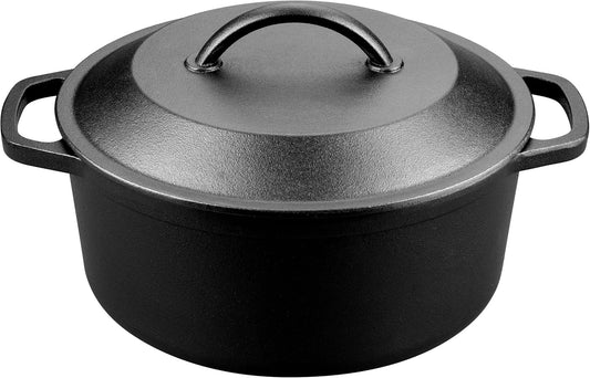VORRINGARD Pre-Seasoned Cast Iron Dutch Oven with Lid, Round and Dual Handles, for Stovetop, Camping, Grill, Induction, Electric, Black, 4.5qt