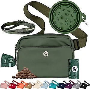 Puppington 3-in-1 Crossbody Dog Treat Pouch for Pet Training - Compostable Poop Bags, Built-In Poop Bag Dispenser, Slow-Feeding Travel Dog Bowl & Reflective Leash - Dog Walking Bag (Basil Green)