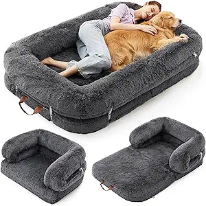 LE SURE Foldable Human Dog Bed - 3 in 1 Flexible Giant Human Dog Bed for Adult People with Supportive Bolster Egg Foam, Waterproof Liner, Calming Fluffy Faux Fur Orthopedic Big Bean Bed, Charcoal