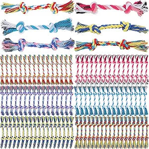100 Pcs Knot Rope Dog Toys Multi Color Puppy Chew Toy Cotton Puppy Dental Teething Toys 2 Knot Dog Tug for Small and Medium Dogs Aggressive Chewers Supplies