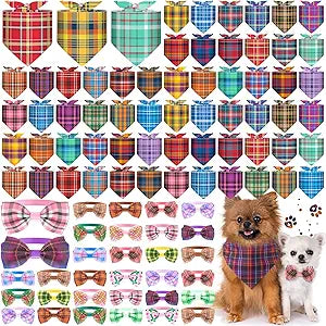 108 Pcs Plaid Adjustable Dog Bandanas Bulks Spring Striped Bow Ties for Dogs Buffalo Bowknot Reversible Triangle Scarf Kerchief for Small Large Medium Pet Grooming Outfit Costume