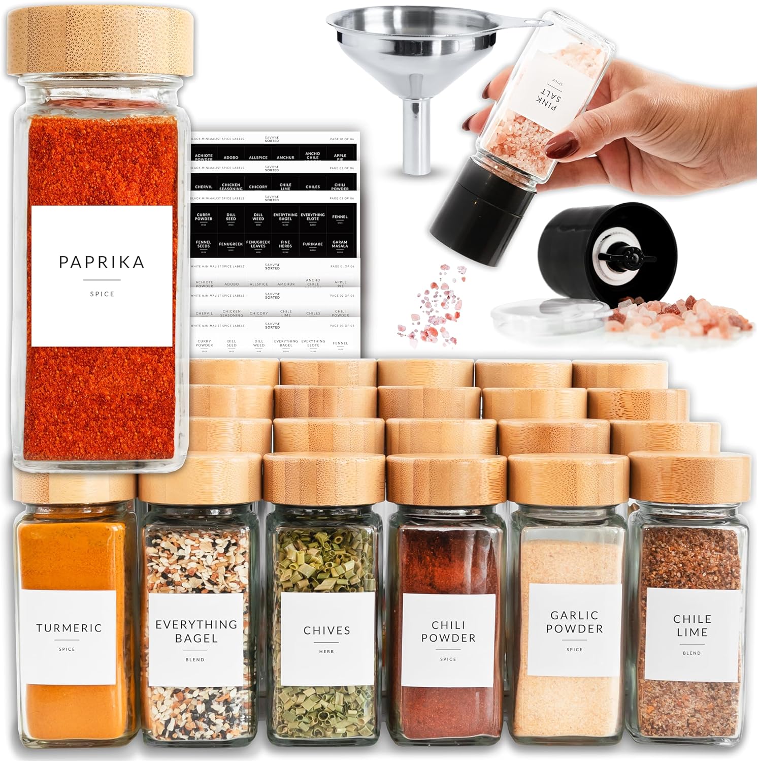 SAVVY & SORTED Glass Spice Jars with Label, 24PK Bamboo Jar Spices Set 4oz, 374 Spice Labels, Pepper Grinder, Empty Herb Seasoning Containers, Funnel and Shaker Lids