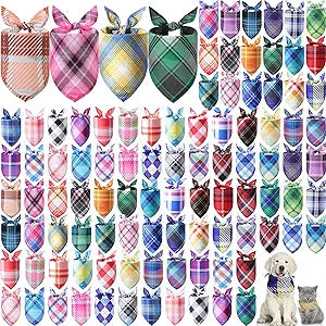 Sweetude 100 Pcs Plaid Dog Bandanas Bulk Pet Triangle Scarf Bibs Washable Puppy Kerchief Adjustable Grooming Supplies for Small Medium Large Dog Cat Costume Accessories