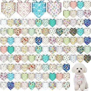 120 Pcs Spring Dog Bandanas Bulk Floral Printing Pet Bandanas Dog Handkerchiefs Spring Scarf Bibs Triangle Bibs Adjustable Kerchief Pet Grooming Costume Accessories