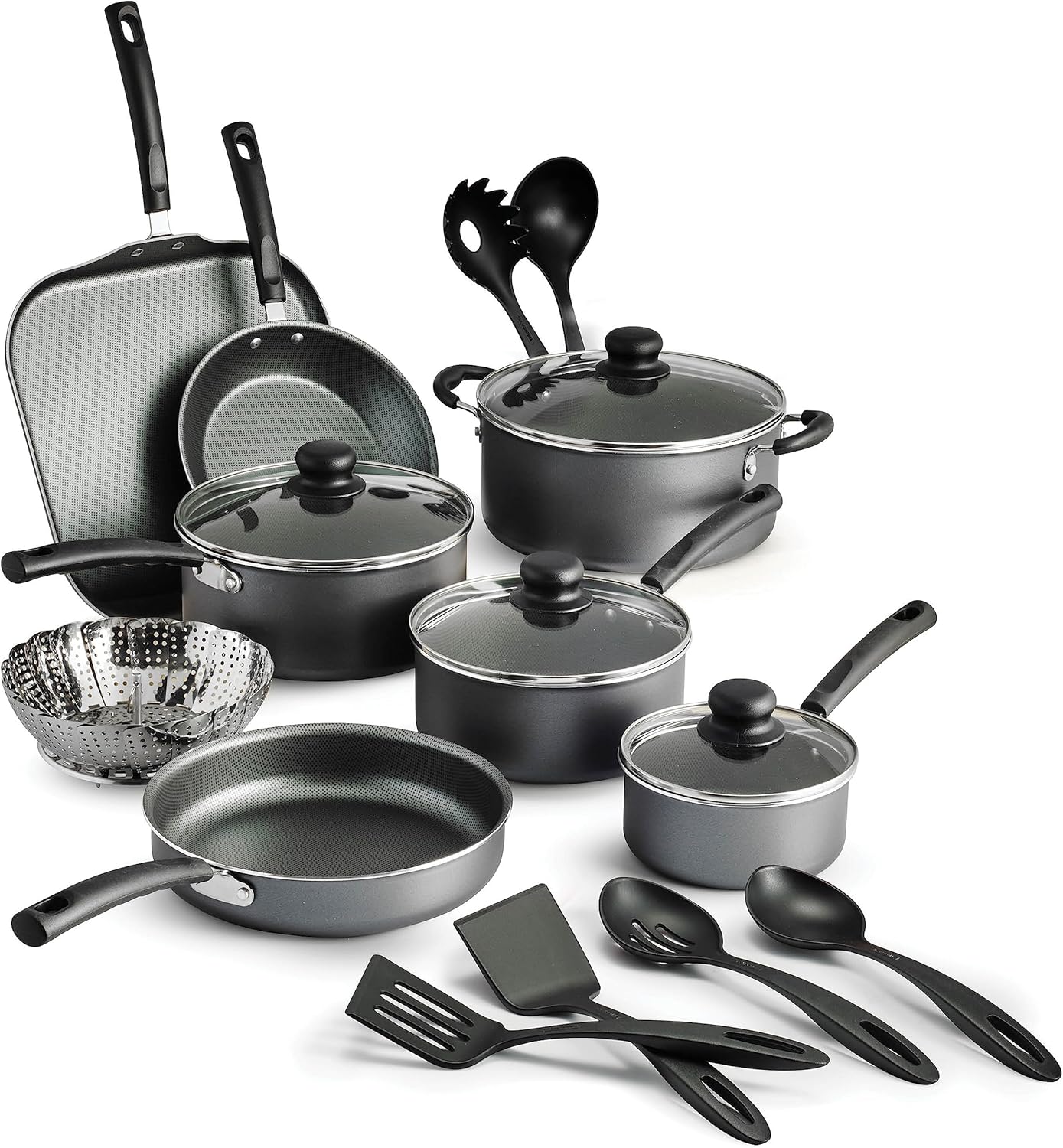 18 Piece Nonstick Cookware Set - Gray - Aluminum Construction, Dishwasher Safe, Compatible with Gas, Electric, Ceramic Cooktops - Includes Sauté Pans, Griddle, Dutch Oven, Cooking Utensils