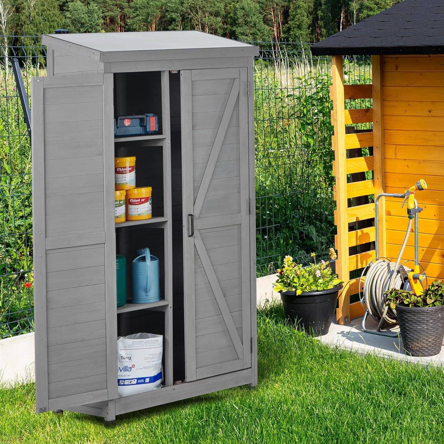 GM Ultra 68 Inches Outdoor Storage Cabinet and Metal Top,Garden Shed,Outdoor Wood Tall Shed for Yard Patio，Outdoor Wooden with Top Vertical Tool Backyard Garden Patio Lawn (Gray)