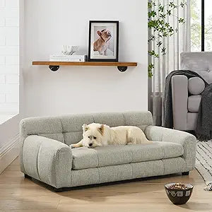 Ball & Cast 38" Dog Couch, Comfortable Dog Sofa Bed with Backrest and Armrests for Medium and Large Dogs, Linen Cozy Soft Cushion Pet Bed, Beige