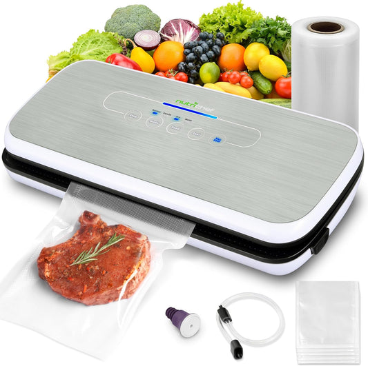 NutriChef Automatic Food Vacuum Sealer, Electric Air Sealing Preserver System for Dry and Moist Foods, LED Control, Strong Suction, Includes Bags, Wine Stopper Cork, and Air Suction Hose, 14\u201Dx6\u201Dx3\u201D