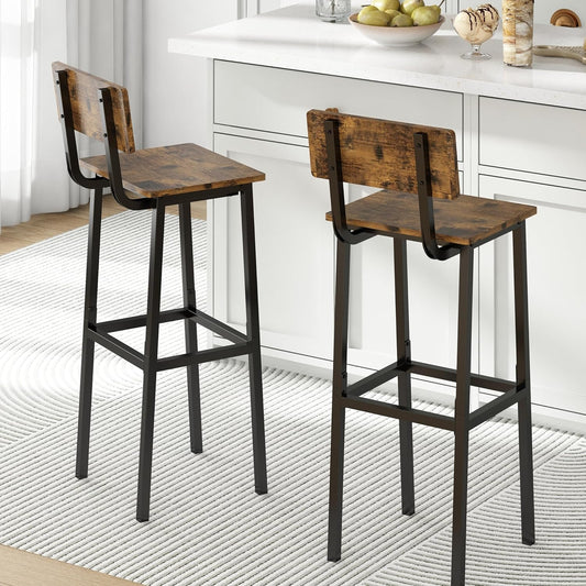 GILLAS Set of 2 Bar Stools, Tall Bar Stool with Backrest and Footrest, Tall Bar Chairs, Industrial Style Counter Height Bar Stool for Dining Room, Kitchen, Rustic Brown