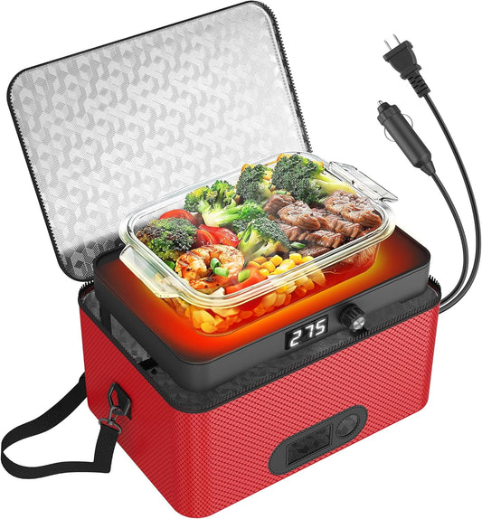 Portable Oven, 12V 24V 110V-240V Car Food Warmer Portable Personal Mini Oven Electric Heated Lunch Box for Meals Reheating & Raw Food Cooking for Road Trip\/Camping\/Picnic\/Family Gathering(Red)
