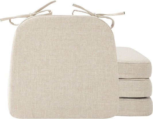 Ruqmuis Chair Cushions for Dining Chairs, 2" Thick Seat Cushions for Kitchen Chairs, D-Shaped Chair Pads with Washable Cover, Ties and Non Slip Backing, 17'' x 16'', Set of 4, Beige